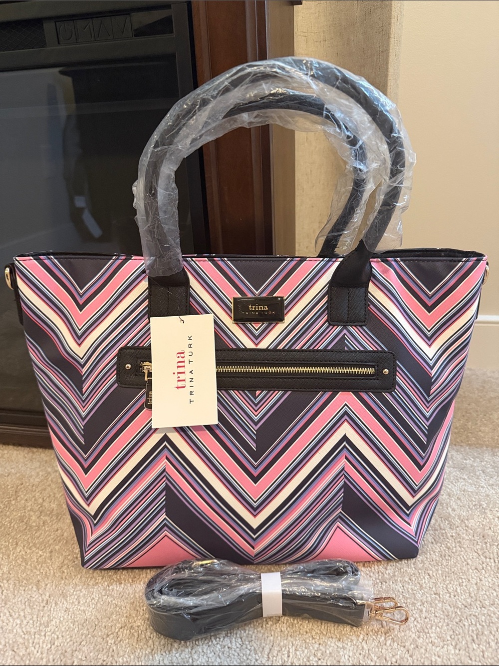 Trina Turk Pink Navy Chevron Tote